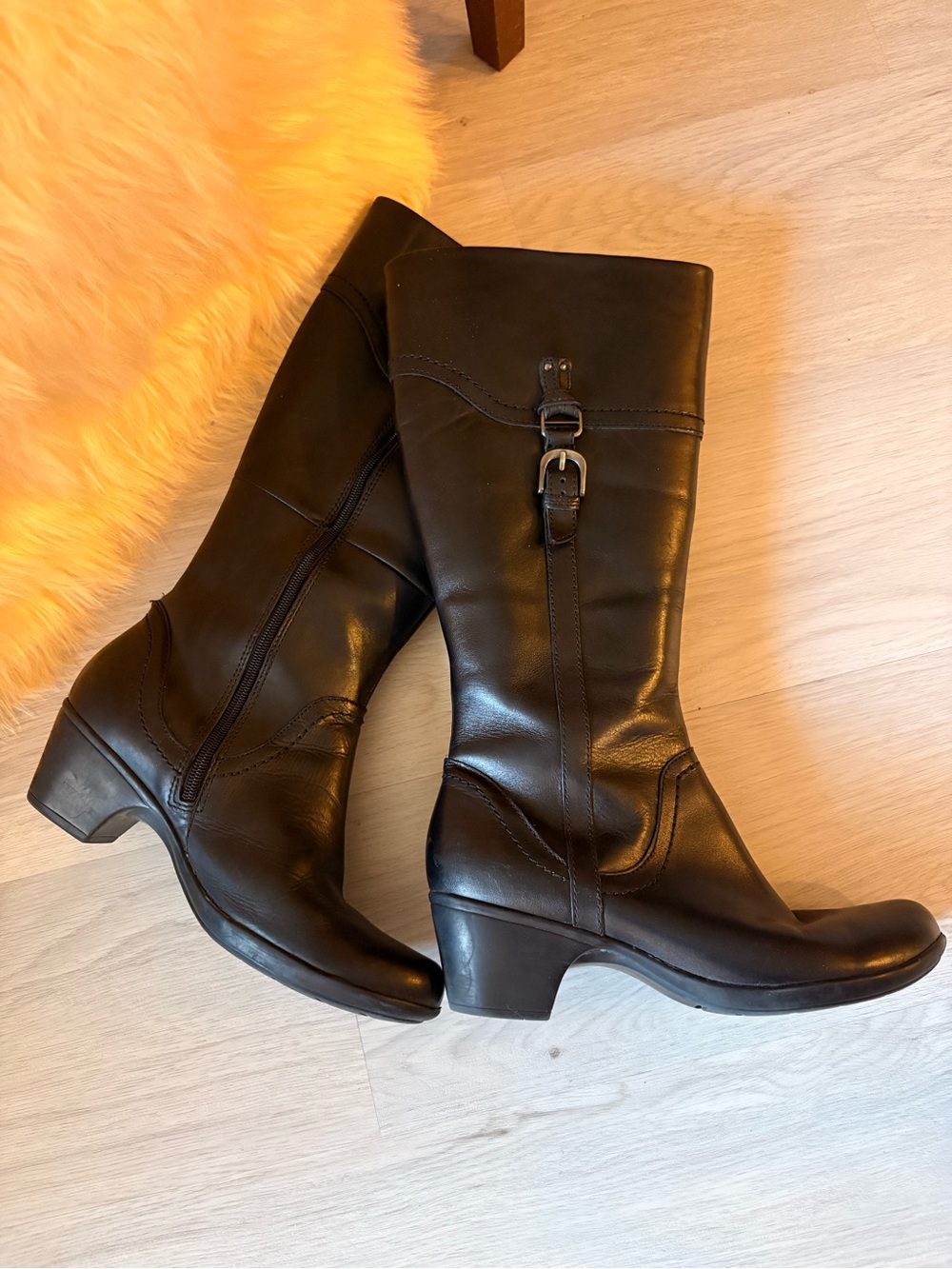 Clarks Black Leather Mid-Calf Buckle Boots - Picture 2 of 9